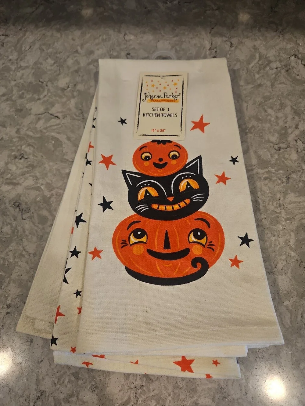 Johanna Parker Halloween kitchen towels Vintage pumpkin cat stars